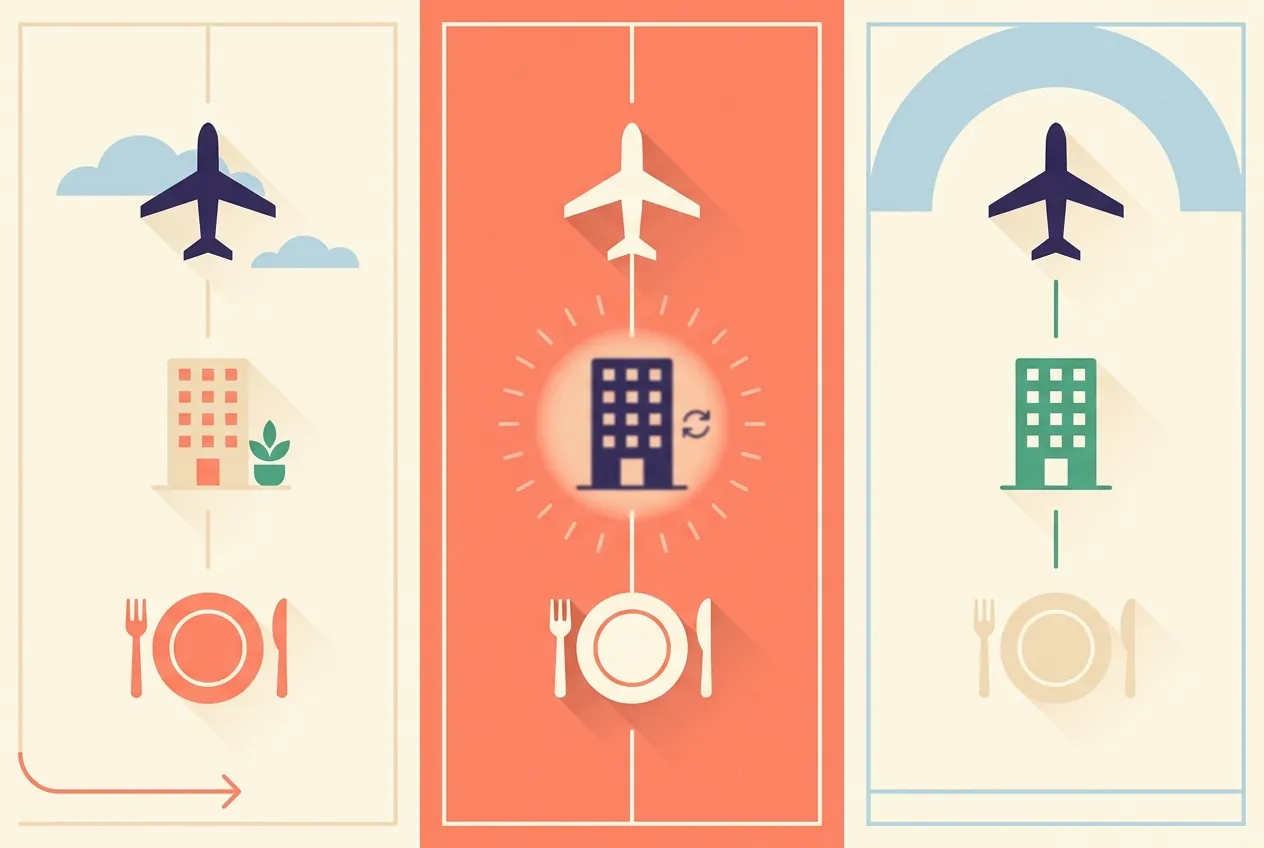 Illustration of a travel itinerary assembling itself into a day-by-day timeline of flights, hotels and reservations