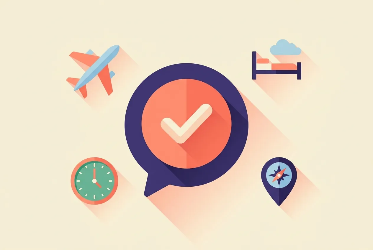 Illustration of a chat assistant answering questions about a trip, surrounded by travel icons