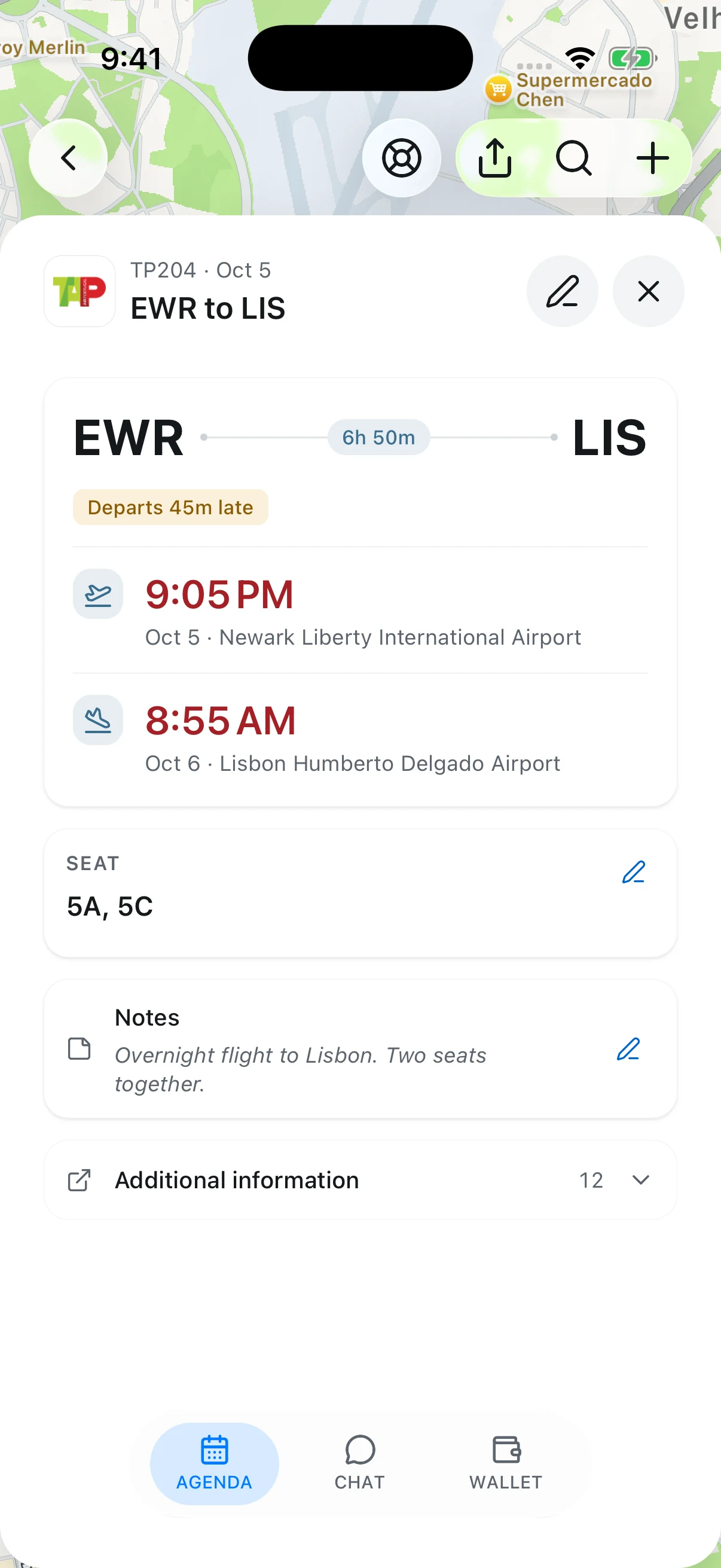 Example flight details screen in a TripNoted trip