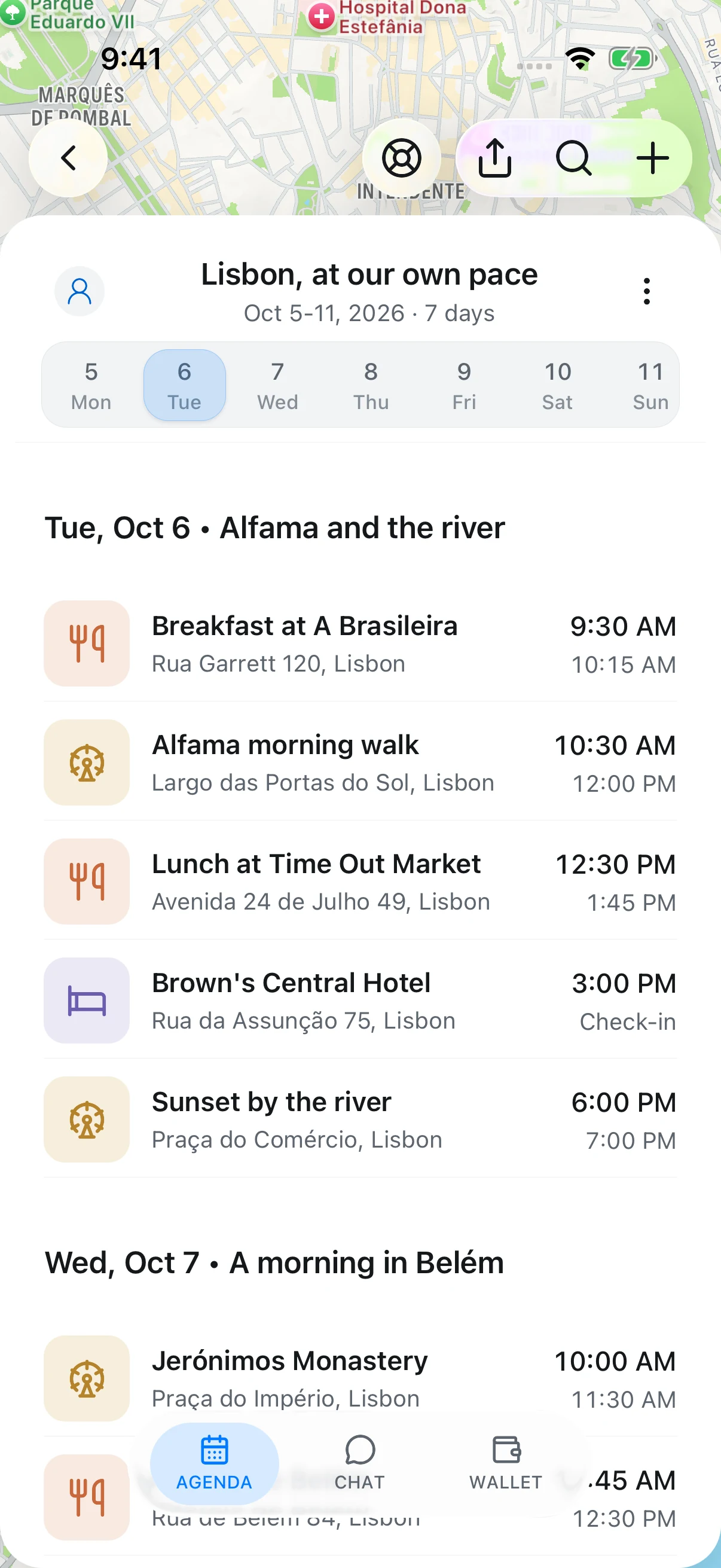 Example Lisbon day plan with meals, a walk, and hotel check-in