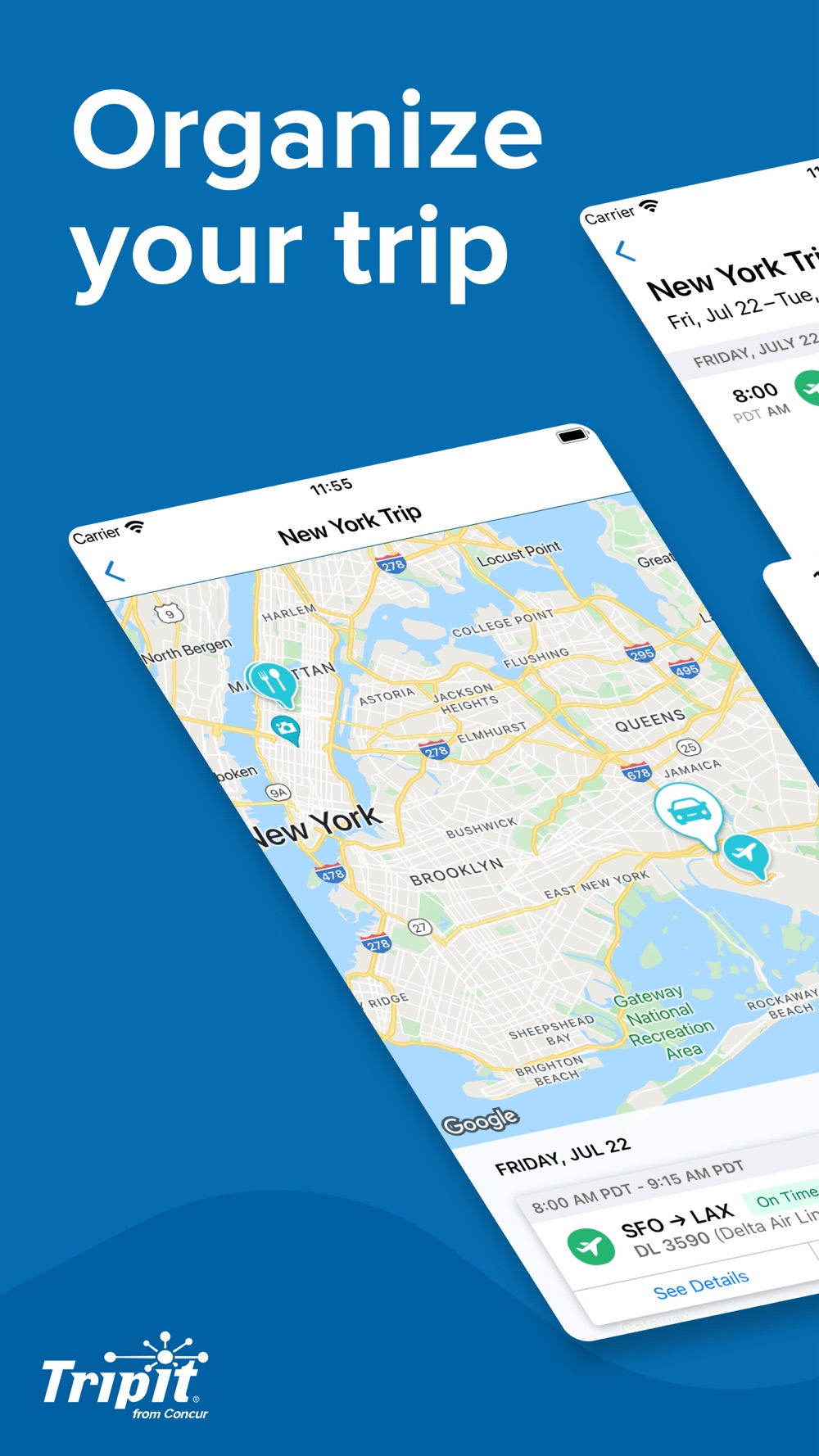 Official TripIt screenshot showing a trip map and flight reservation details.