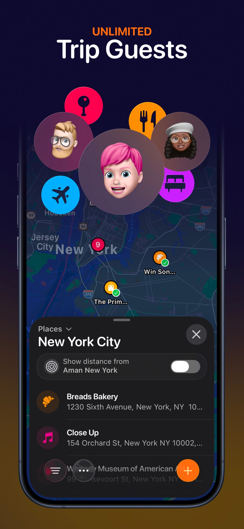 Official Tripsy screenshot showing a New York map and saved places.