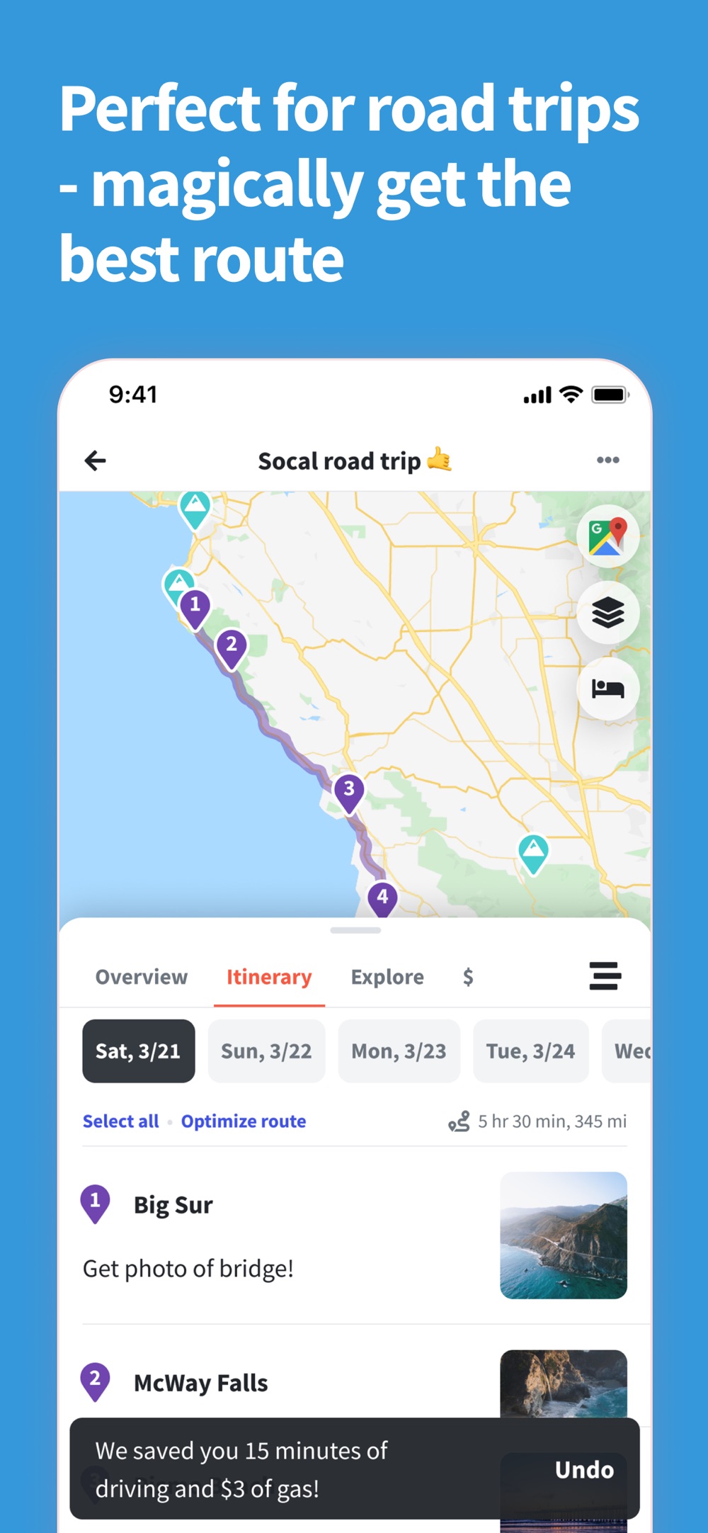 Official Wanderlog screenshot showing a road-trip map and numbered itinerary stops.