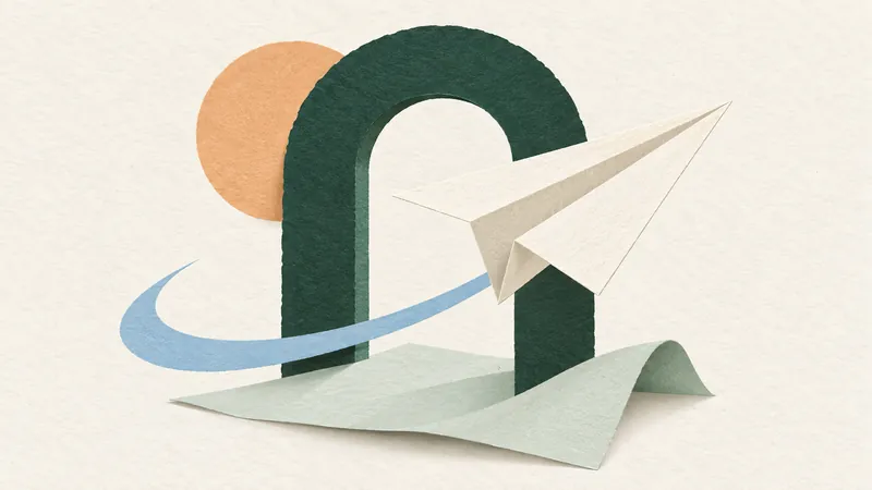 Paper-cut illustration of an airplane crossing a green arch beneath an apricot sun, for the Apple Calendar flight guide.