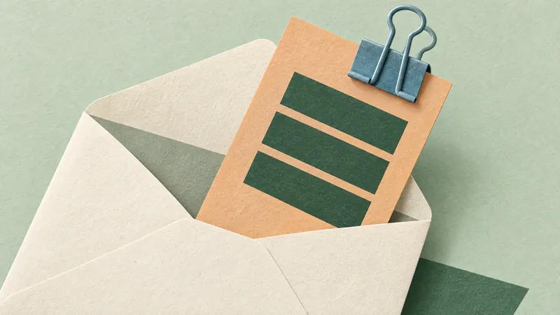 Paper-cut envelope holding an apricot booking card with a blue binder clip, on a sage background.