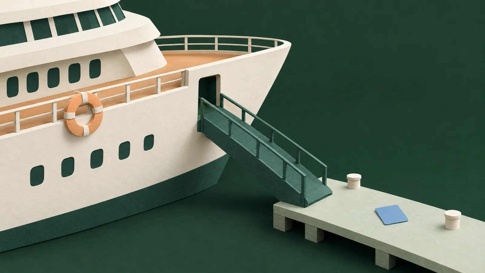 A folded paper cruise ship connects to a small pier by a gangway, with an apricot lifebuoy and a blue card on the pier.