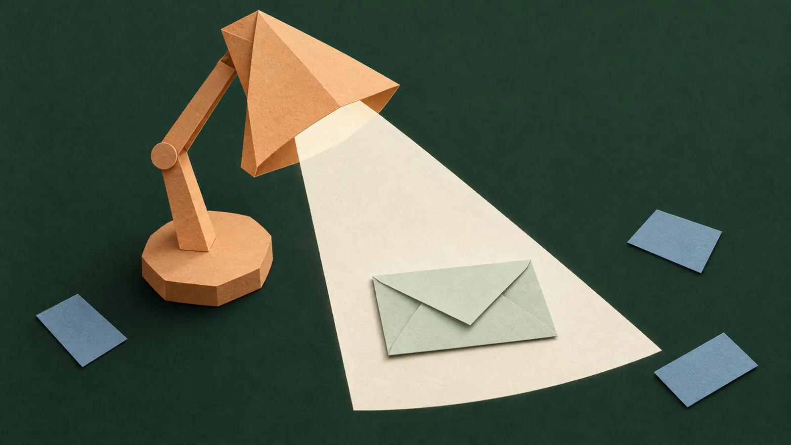 Apricot paper desk lamp lighting a sage envelope on a forest-green background.