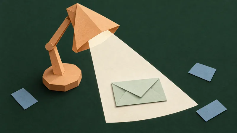 Apricot paper desk lamp lighting a sage envelope on a forest-green background.
