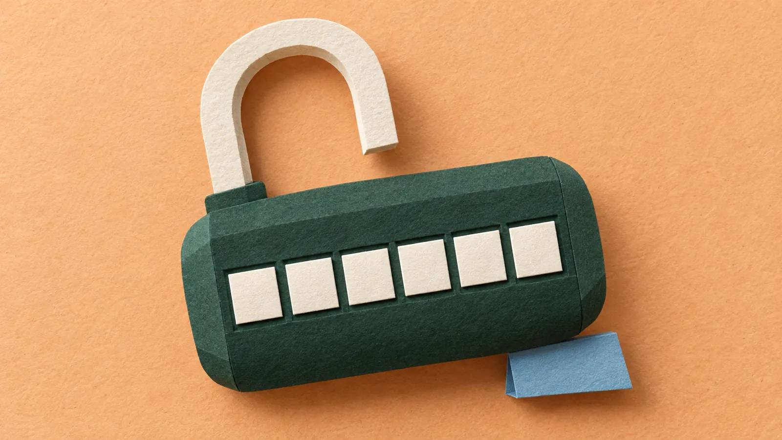 Open forest-green paper combination lock with six blank ivory tiles and a blue tab on apricot paper.