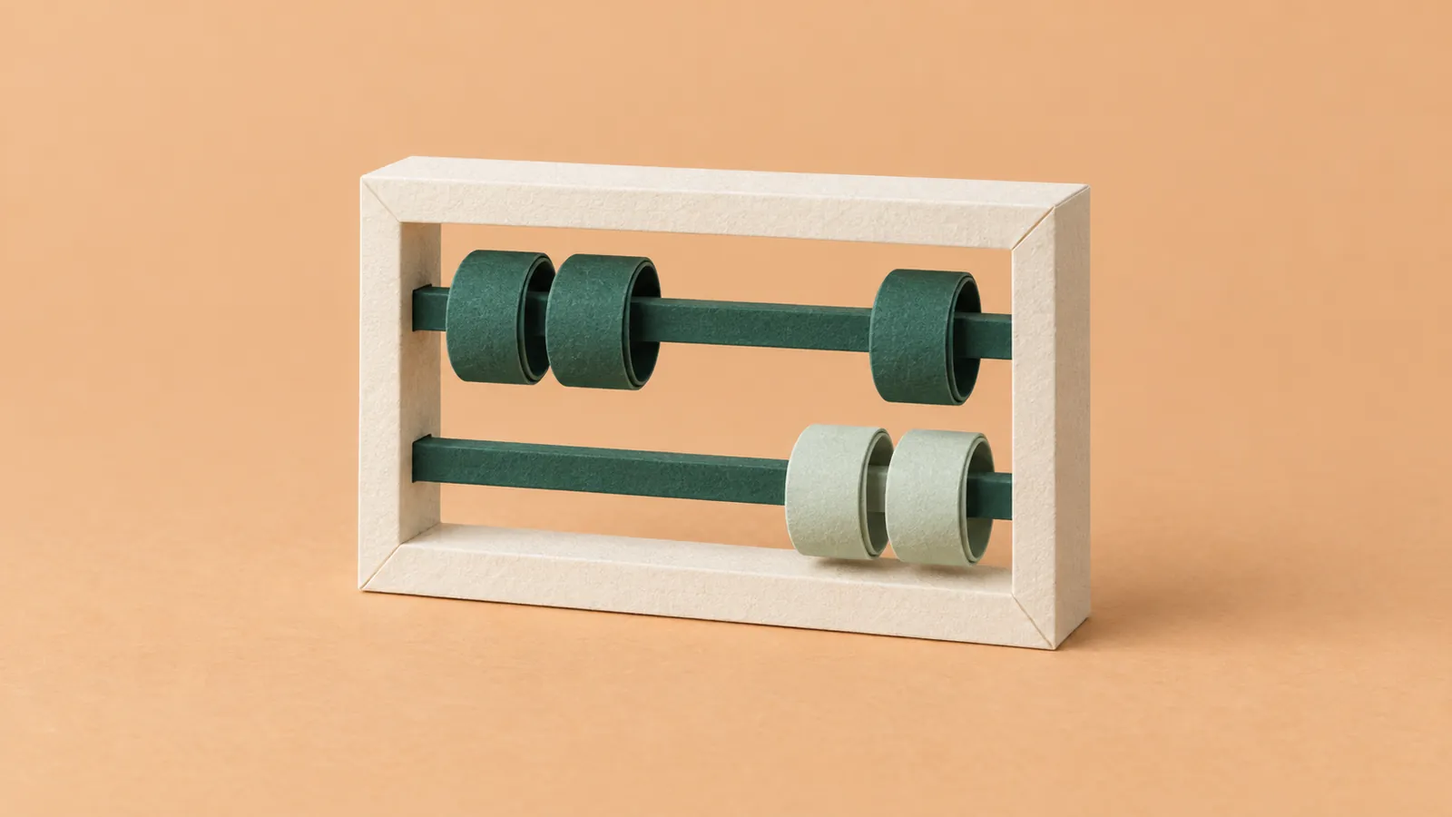 Ivory folded-paper abacus with green and sage beads stands against an apricot background.