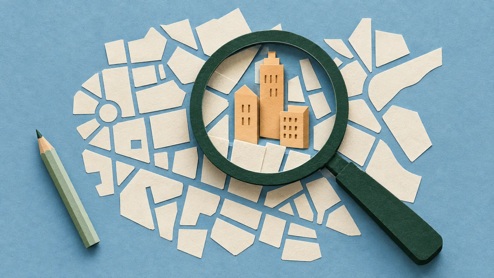 Paper magnifying glass over an ivory city mosaic, with apricot buildings and a sage pencil on blue paper.