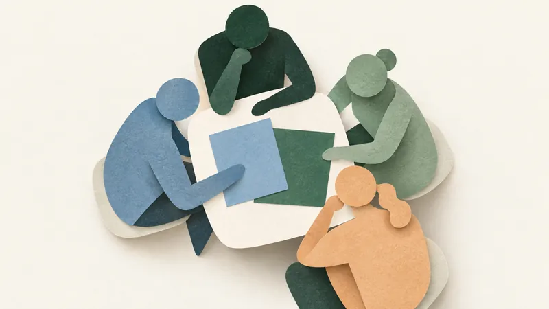 Four paper-cut travelers around an ivory table with blue and green planning cards.