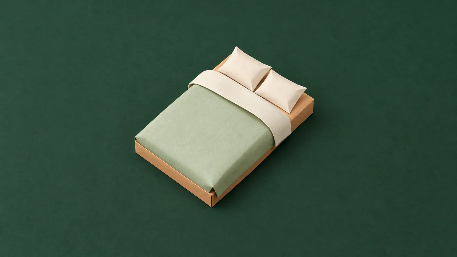 A folded paper hotel bed with sage bedding and ivory pillows rests diagonally on a forest-green background.