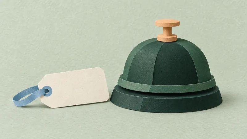Forest-green paper reception bell with an apricot top beside a blank ivory luggage tag on sage paper.