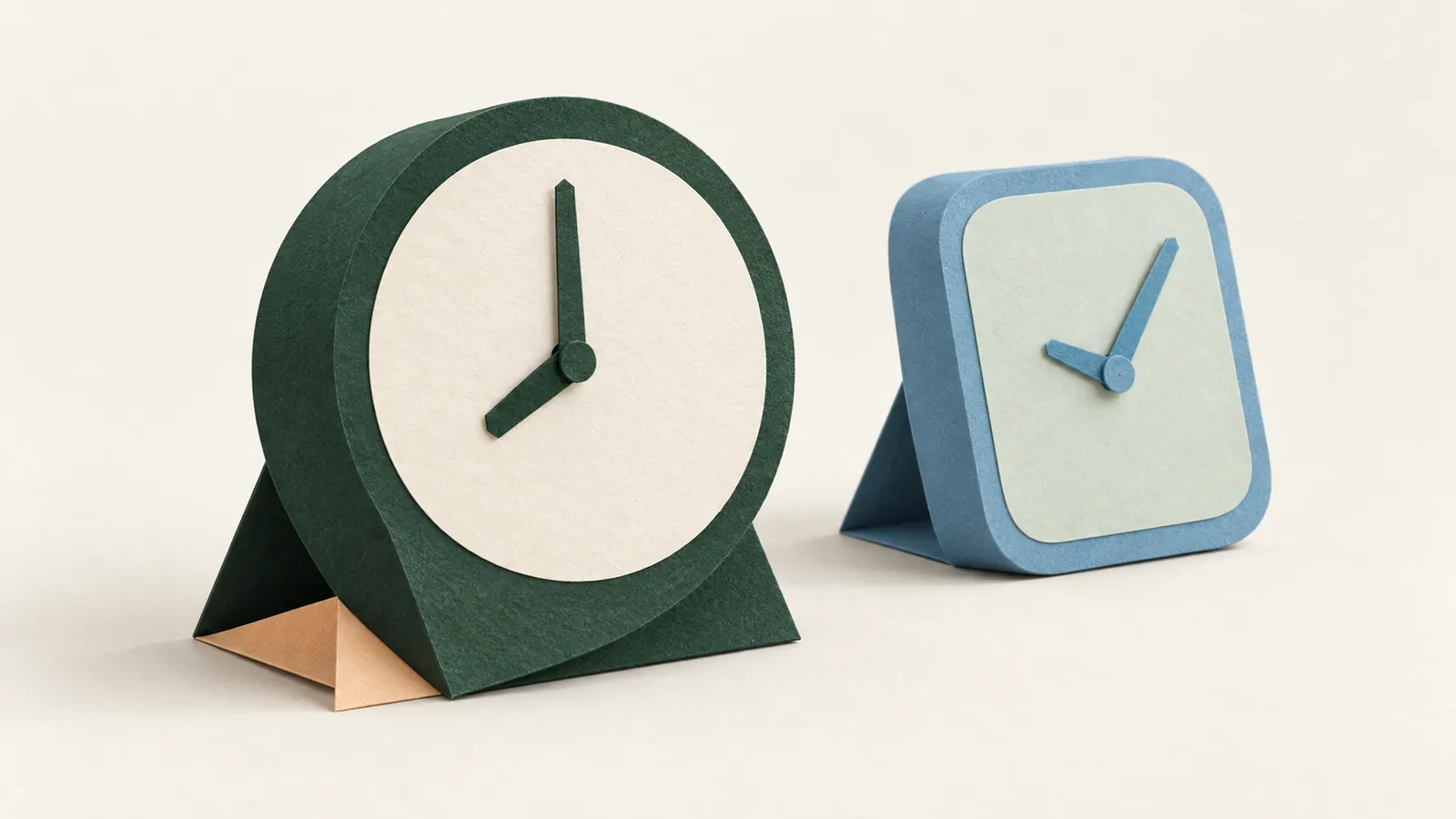 Two folded paper clocks show different local times against warm ivory paper.