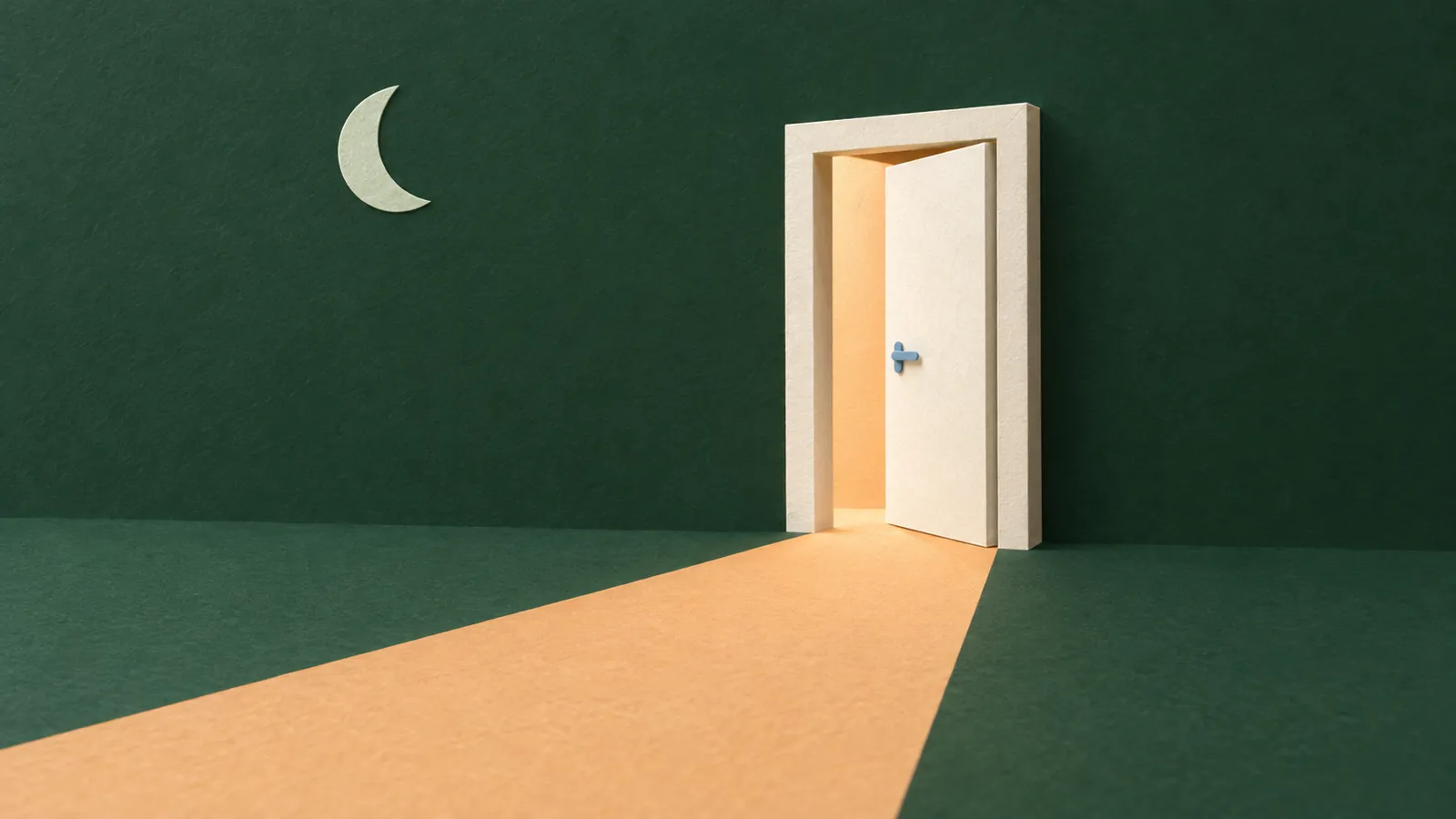 An ivory paper door opens onto warm apricot light beneath a small crescent moon on a deep green background.
