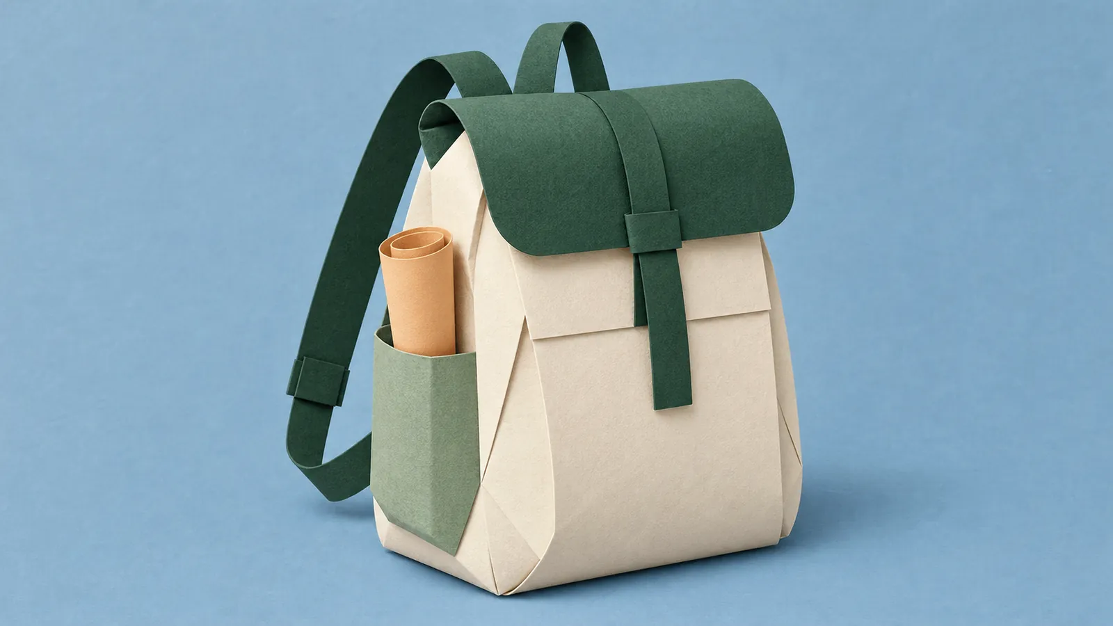 An ivory paper backpack with forest-green straps holds a rolled apricot sheet against blue paper.