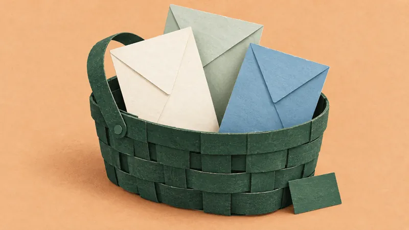 A forest-green woven paper basket holds blank ivory, sage, and blue envelopes on an apricot paper background.