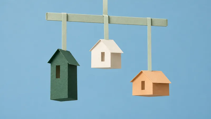 Paper houses hang in balance against a sky-blue background.