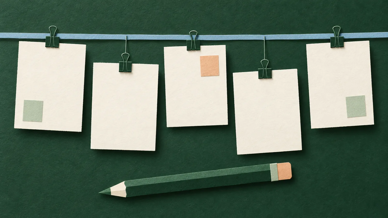Five blank paper planning cards clipped to a blue rail above a green pencil, on a forest green background.