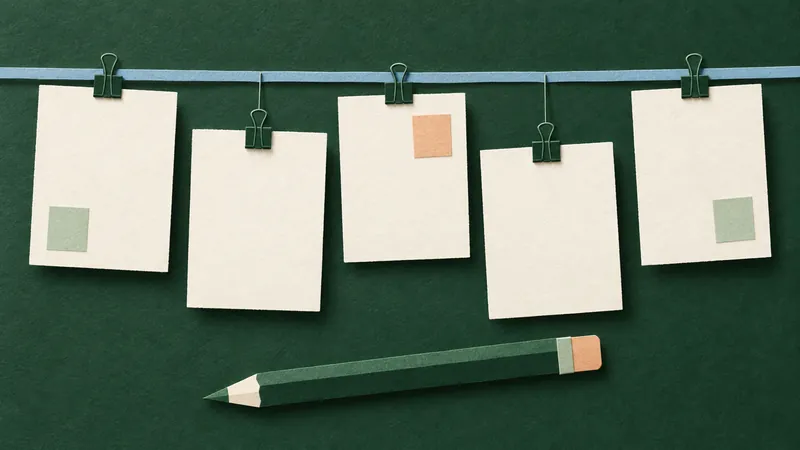 Five blank paper planning cards clipped to a blue rail above a green pencil, on a forest green background.