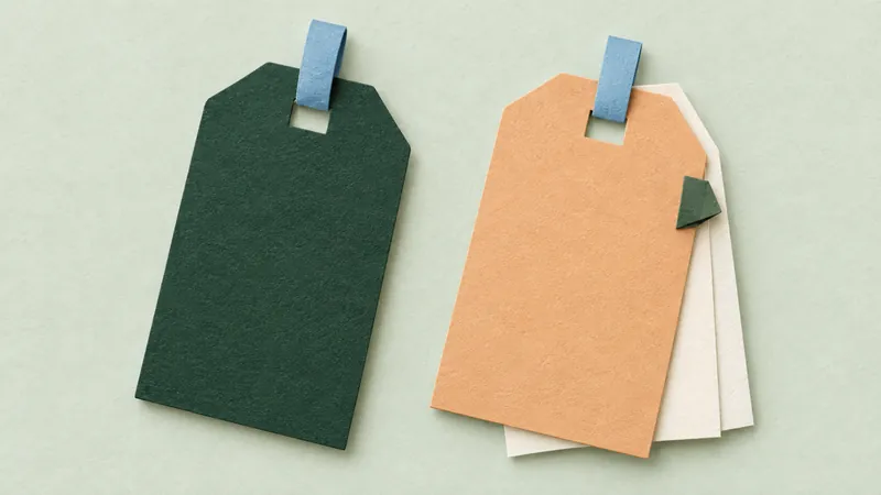 Two paper-cut luggage tags, one green and one layered apricot and ivory, on a sage background.