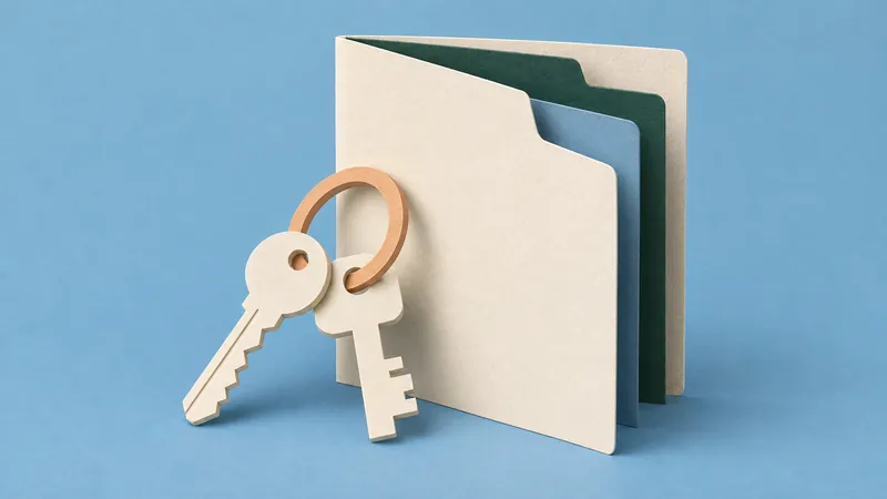 Paper-cut travel folder with green and blue dividers beside two keys, on a blue background.