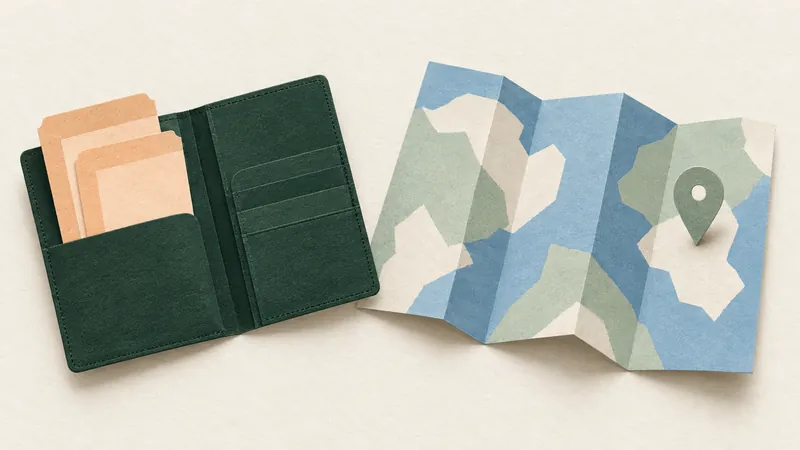 Paper-cut green travel wallet with tickets beside a folded blue map and a location pin.