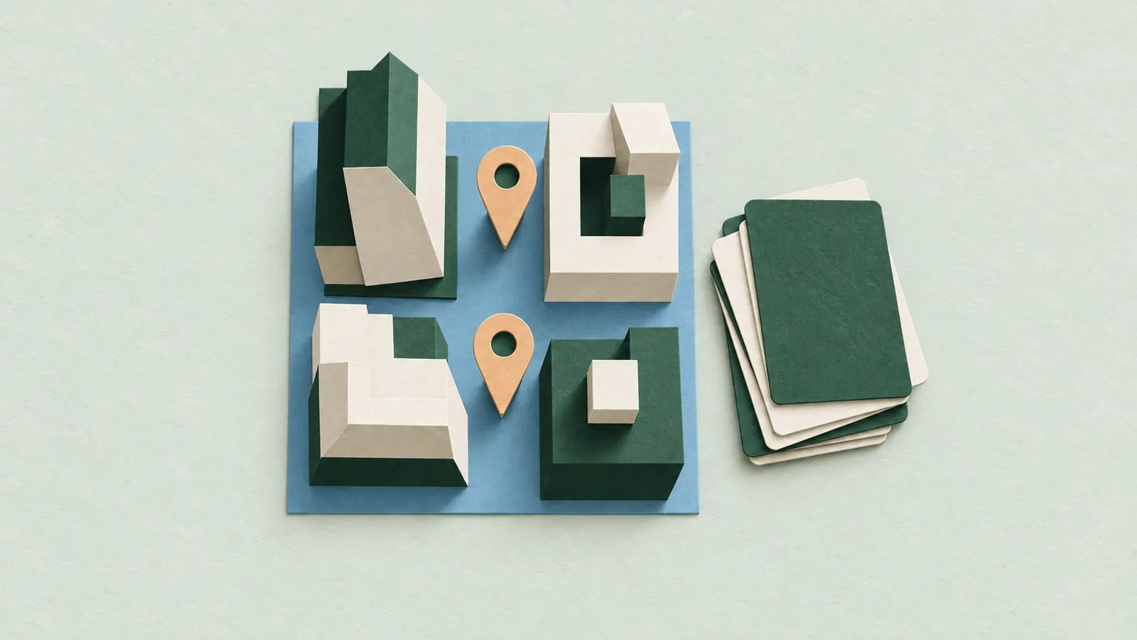 Paper city blocks with apricot location pins beside a stack of green and ivory travel cards on sage paper.