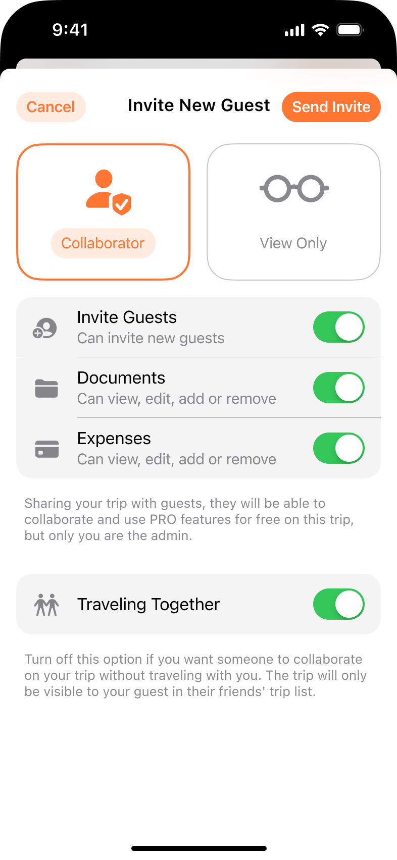 Tripsy Invite New Guest screen with Collaborator and View Only roles and switches for invitations, documents, expenses, and traveling together.