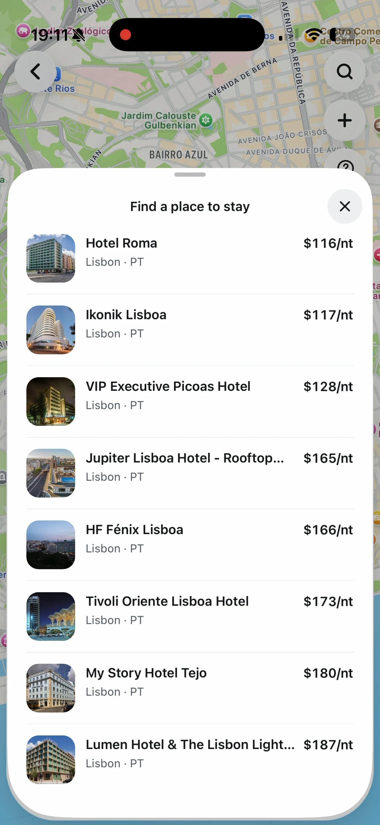 Hotel search results in Lisbon inside TripNoted