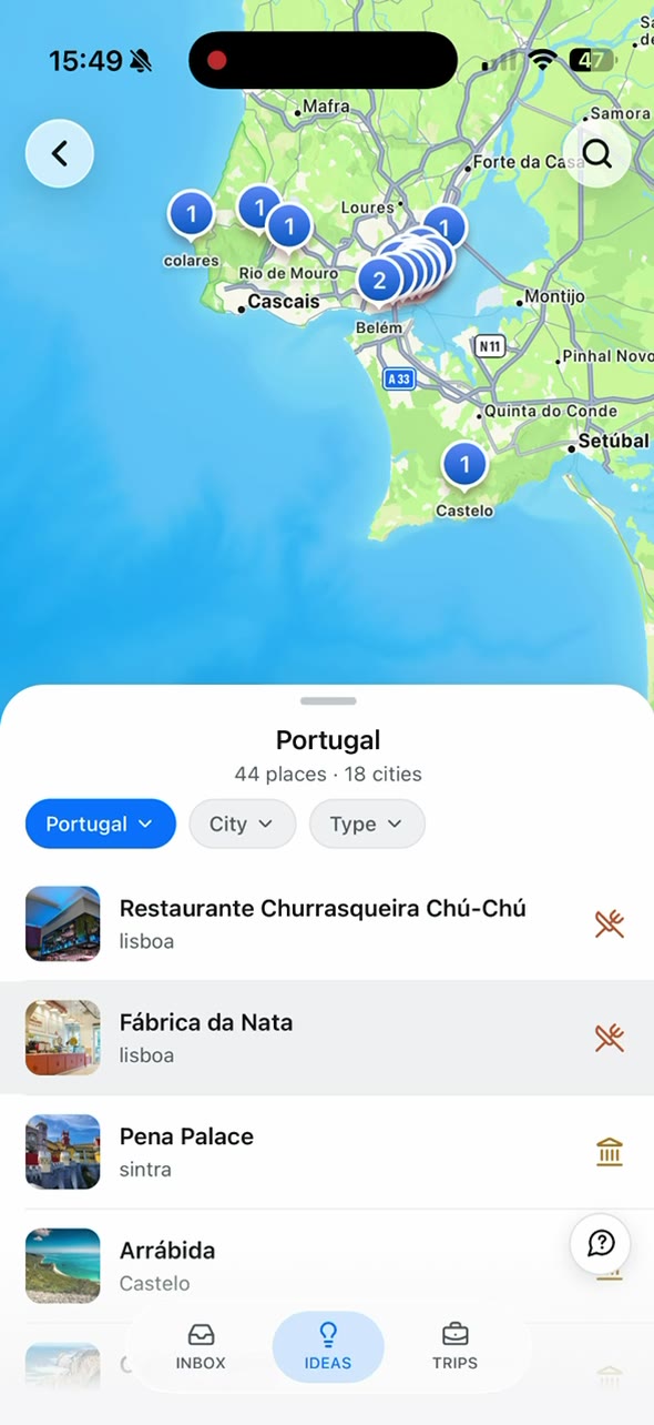 Saved places in Portugal, with country and city filters in TripNoted
