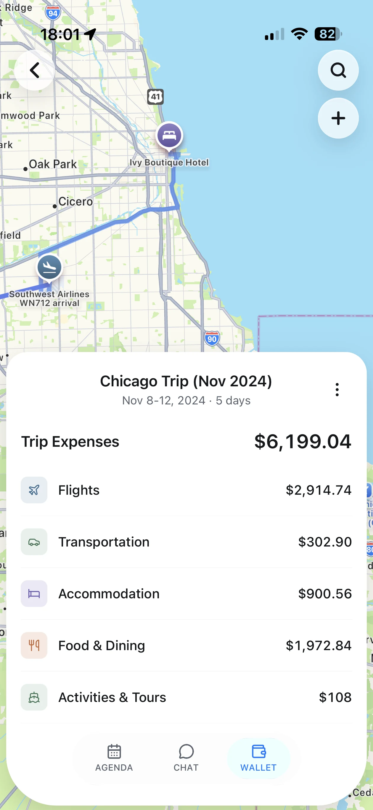 TripNoted expenses view showing a Chicago trip total and spending categories