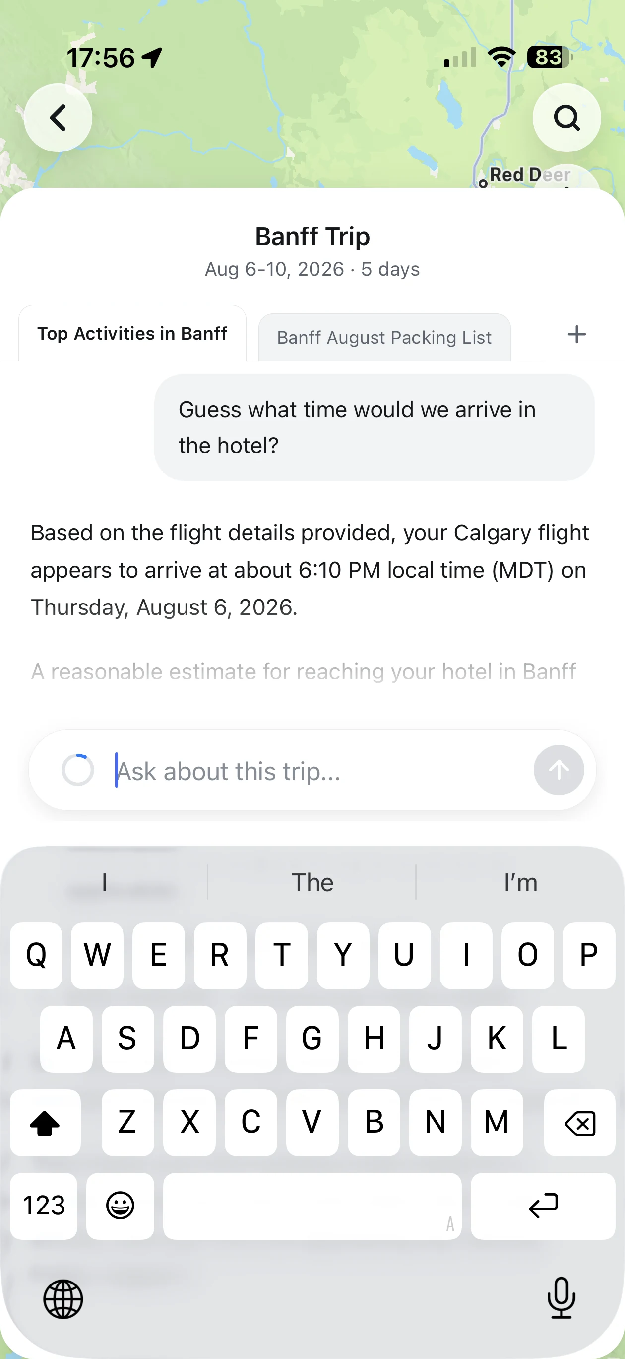 TripNoted chat answering a question about hotel arrival using the flight details in a Banff trip