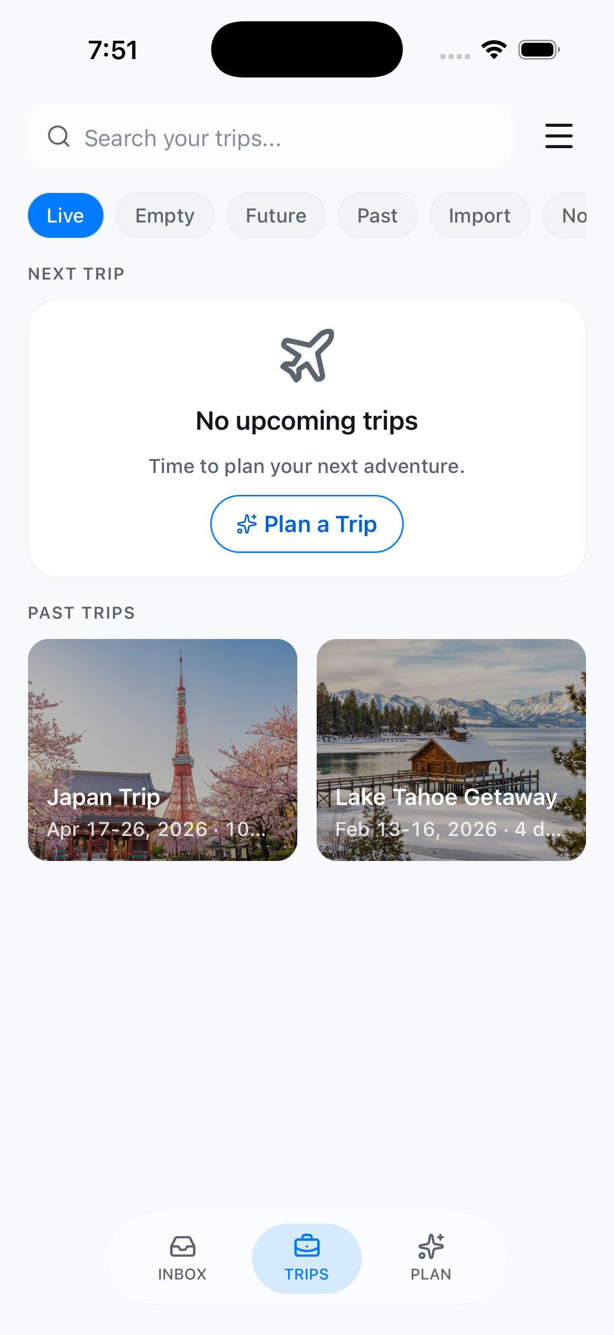 TripNoted iOS app showing a traveler's organized trip list — upcoming and past trips built automatically from Gmail booking emails.